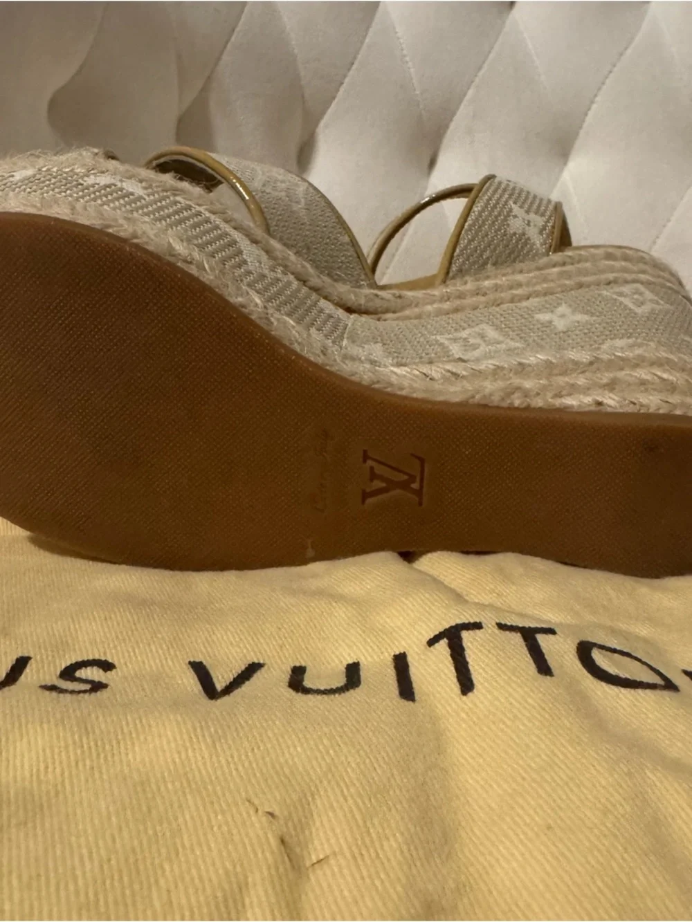 Louis Vuitton Cream Monogram Canvas Platform Wedge Sandals